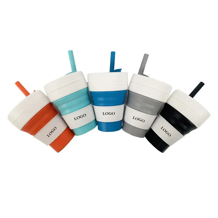 Custom Portable 350ml Travel Camping Folding Drinking Coffee Mug Reusable Silicone Collapsible Cup With Straw