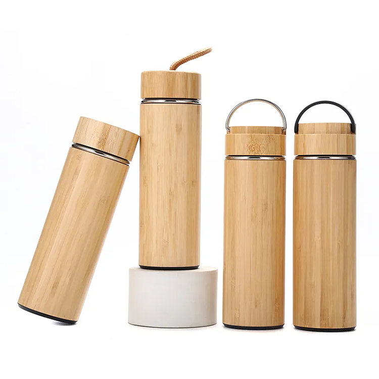 Custom Logo 500ml Bamboo Stainless Steel Water Bottle Insulated Coffee Travel Mug with Tea Separator