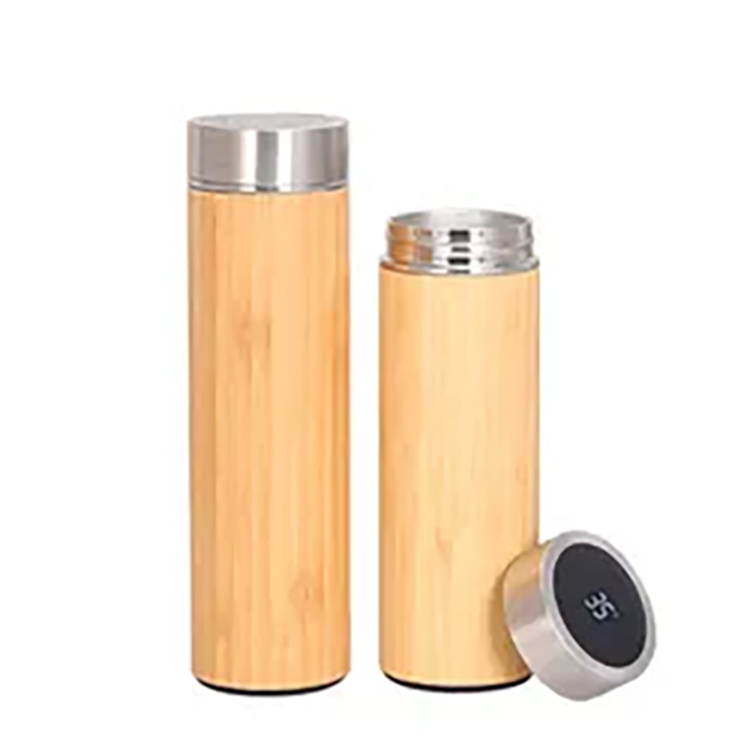 Custom 450ml Smart Bamboo Water Bottle Double Wall Stainless Steel Bottle Bamboo Thermoses With Led Temperature Display
