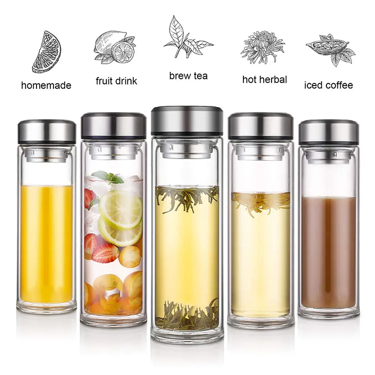 Luxury 500ml Smart Digital Borosilicate Double Wall Tea and Water Glass Bottle Leakproof Lids